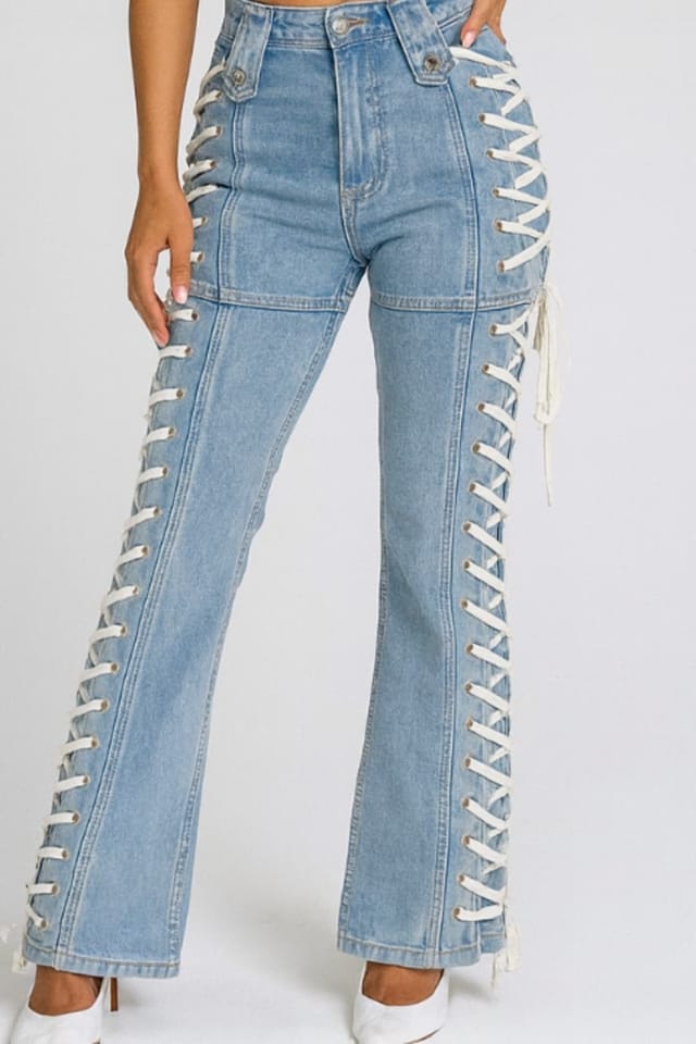 STYLEWISE STYLEWISE Women's Side Eyelet Lace Up Detail Denim Jeans in Blue - 2