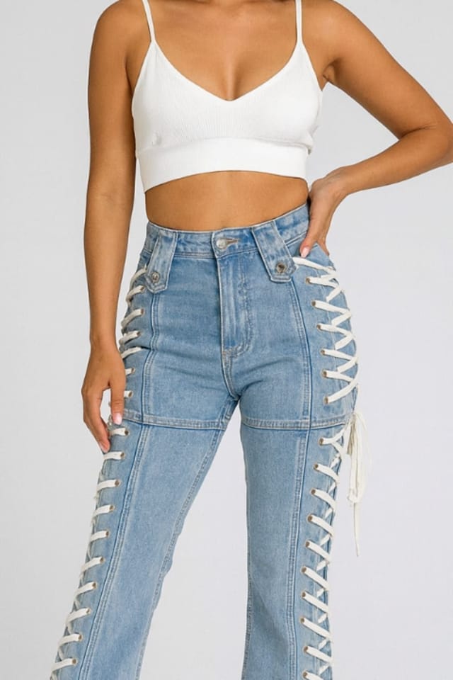 STYLEWISE STYLEWISE Women's Side Eyelet Lace Up Detail Denim Jeans in Blue - 3