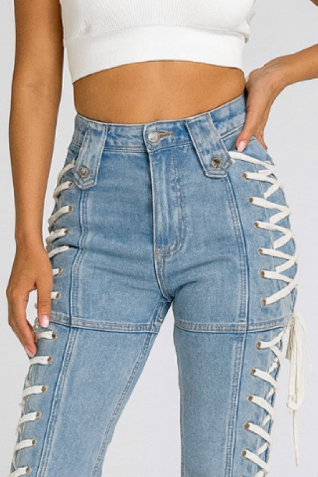 STYLEWISE STYLEWISE Women's Side Eyelet Lace Up Detail Denim Jeans in Blue - 4