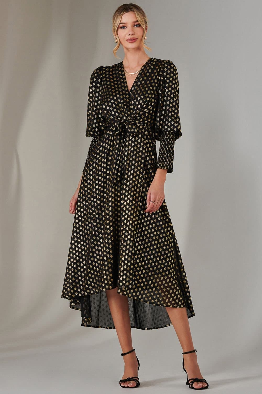 Jolie Moi Jolie Moi Women's Metallic Spot Print Puffy Sleeve Maxi Dress in Black