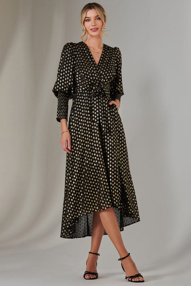 Jolie Moi Jolie Moi Women's Metallic Spot Print Puffy Sleeve Maxi Dress in Black - 2