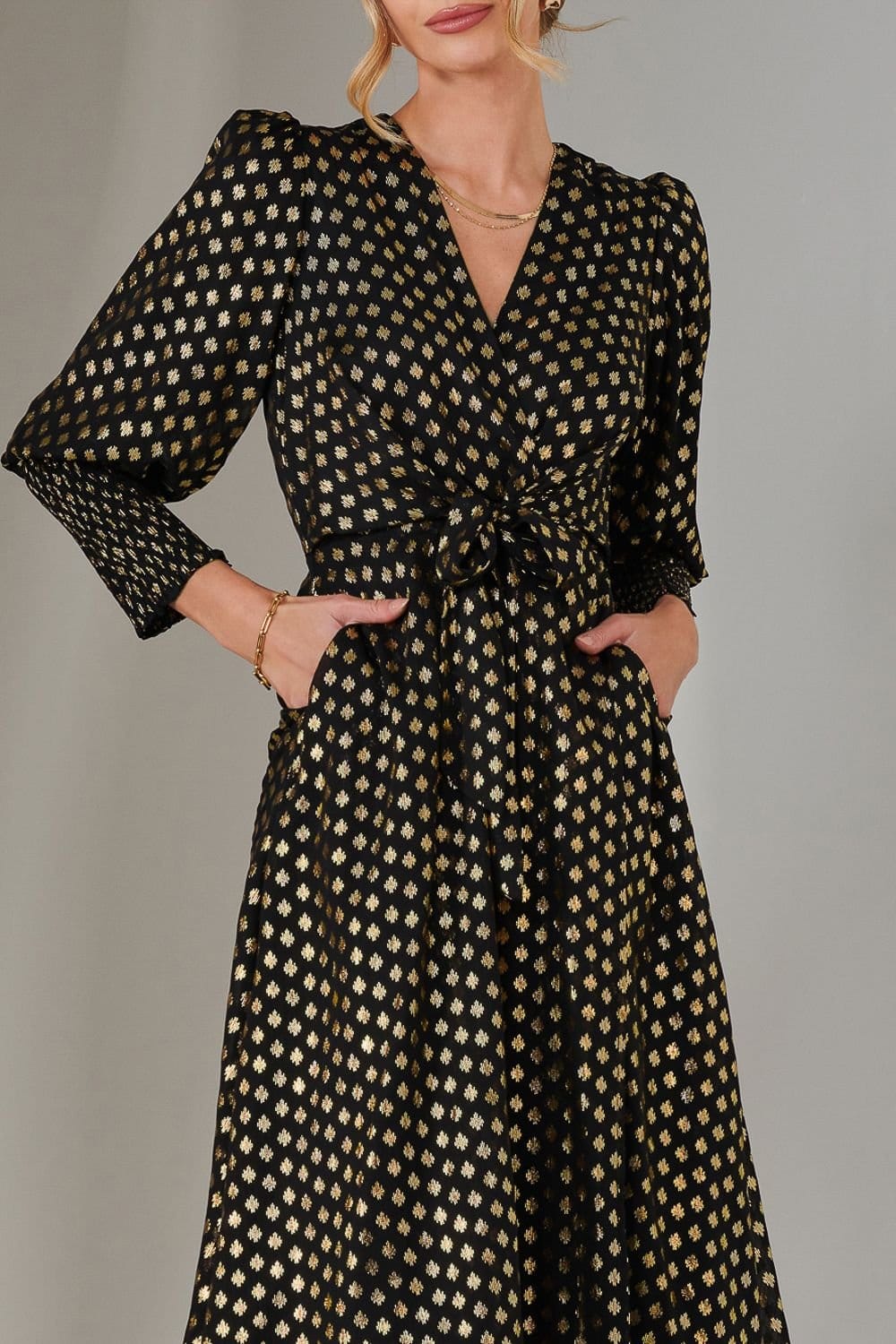 Jolie Moi Jolie Moi Women's Metallic Spot Print Puffy Sleeve Maxi Dress in Black - 4