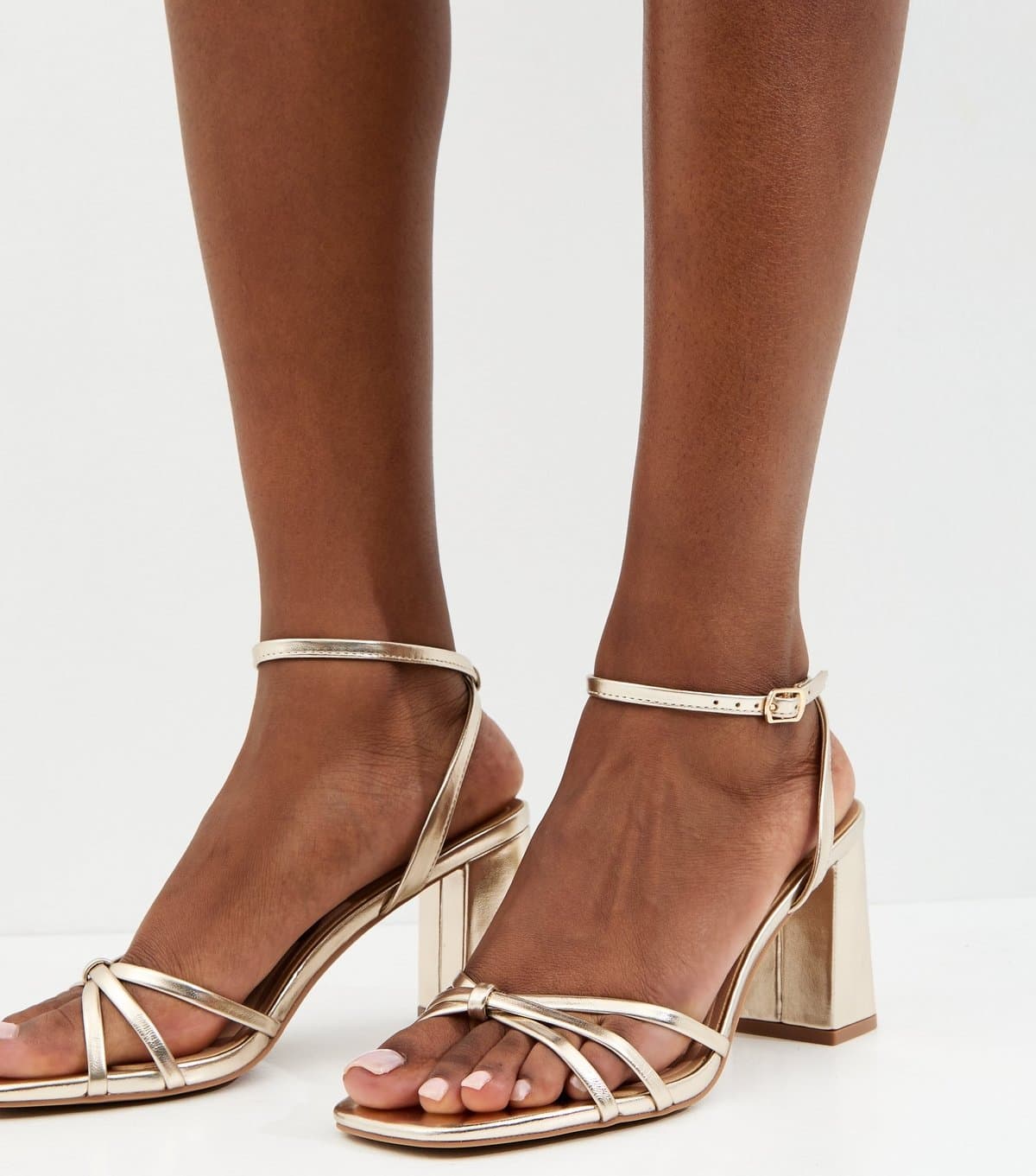 New Look Women's Gold Faux Leather Knot Strap Block Heel Sandals Vegan New Look