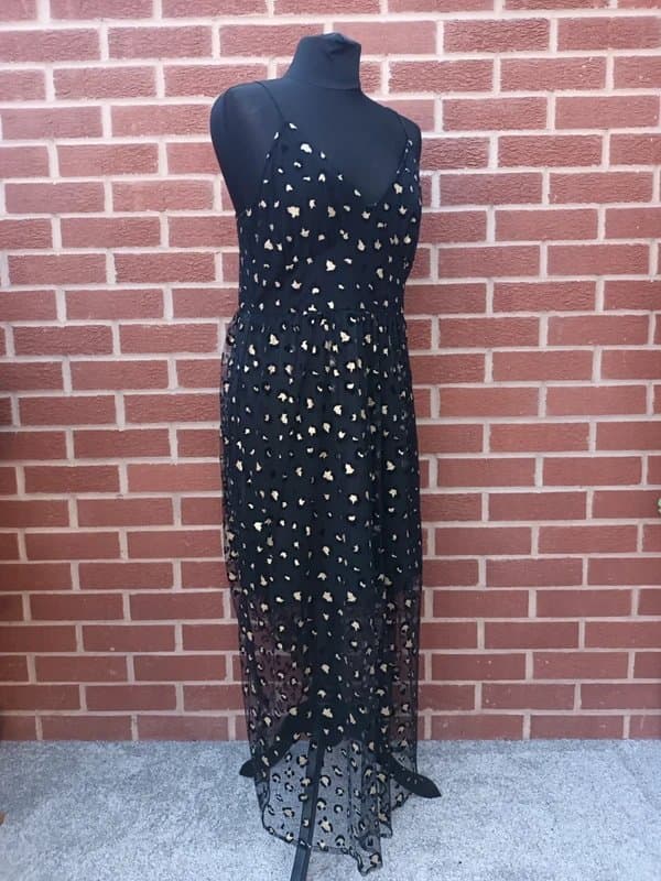 Never Fully Dressed Never Fully Dressed Black & Gold Leopard Print Midi Dress Sheer Overlay UK 12–14