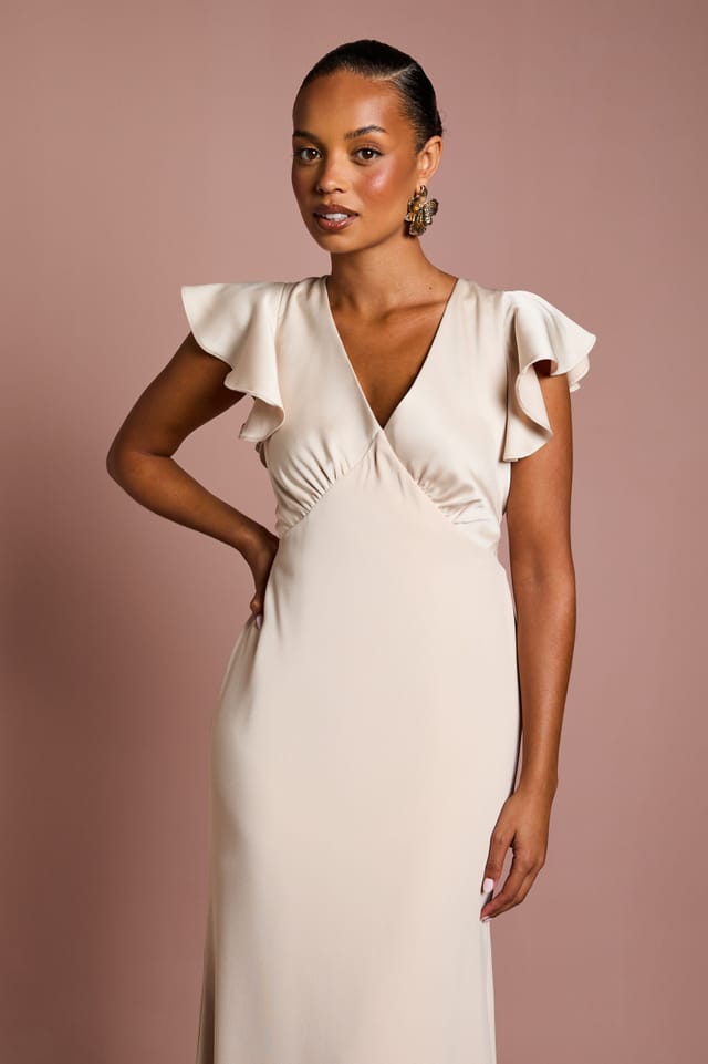 Coast Coast Women's Honoured Petite V Neck Angel Short Sleeve Satin Maxi Bridesmaid Dress in Champagne - 2