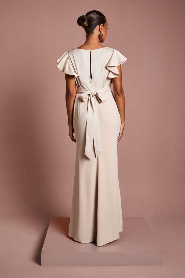 Coast Coast Women's Honoured Petite V Neck Angel Short Sleeve Satin Maxi Bridesmaid Dress in Champagne - 3