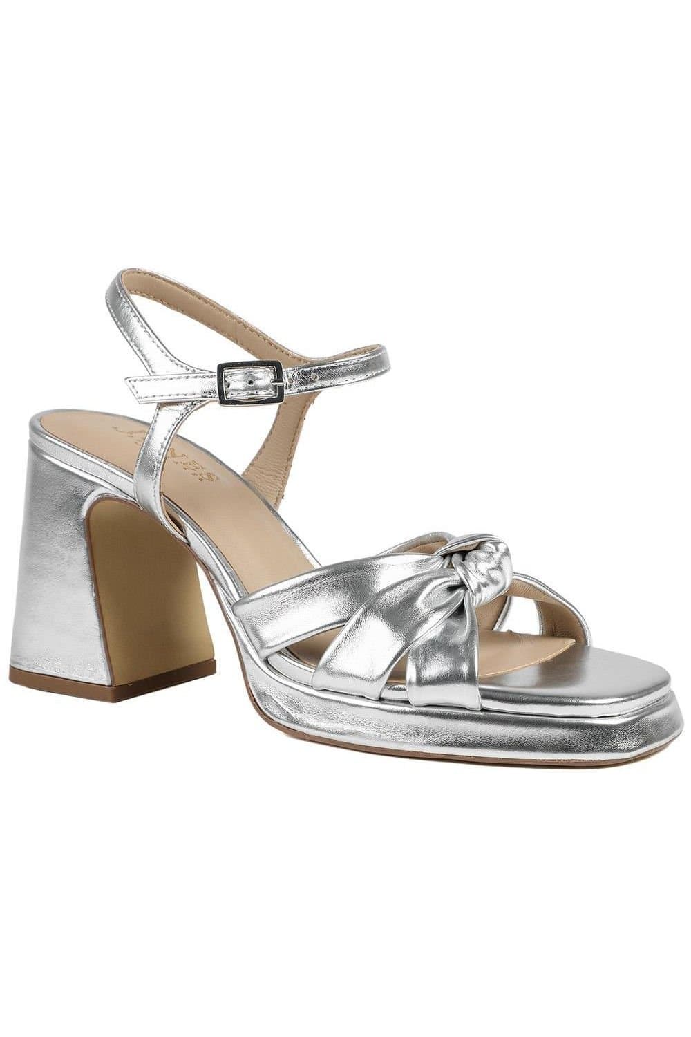 Jones Bootmaker Jones Bootmaker Women's Gloriana Block Heel Leather Buckled Sandals in Metallics