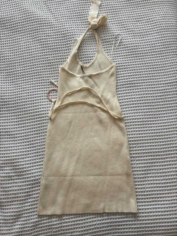 Bershka Cream Knit Halterneck Mini Dress with Gold Hoop Detail