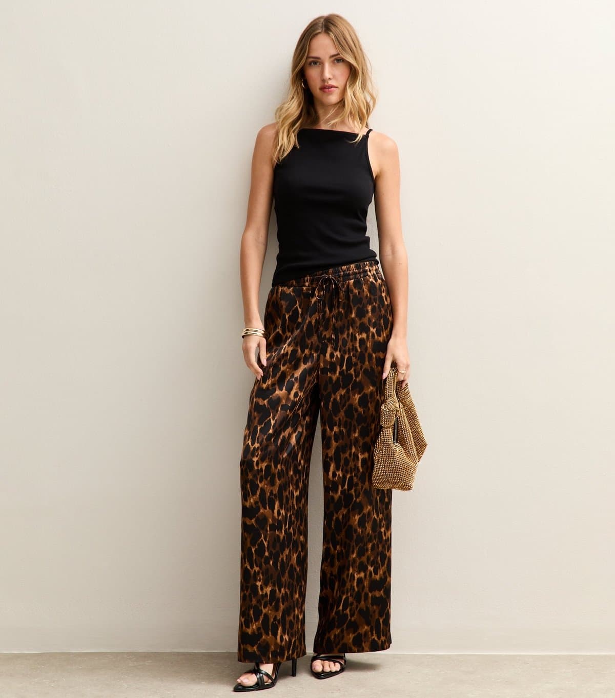 New Look Women's Brown Animal Print Satin Wide Leg Trousers New Look