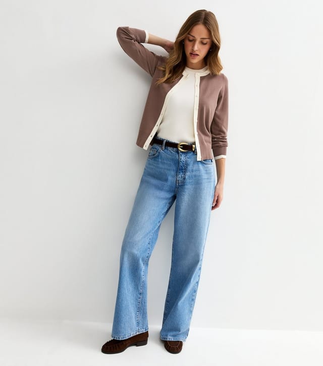 New Look Women's Dark Mink Trimmed Crew Neck Knit Cardigan New Look - 3