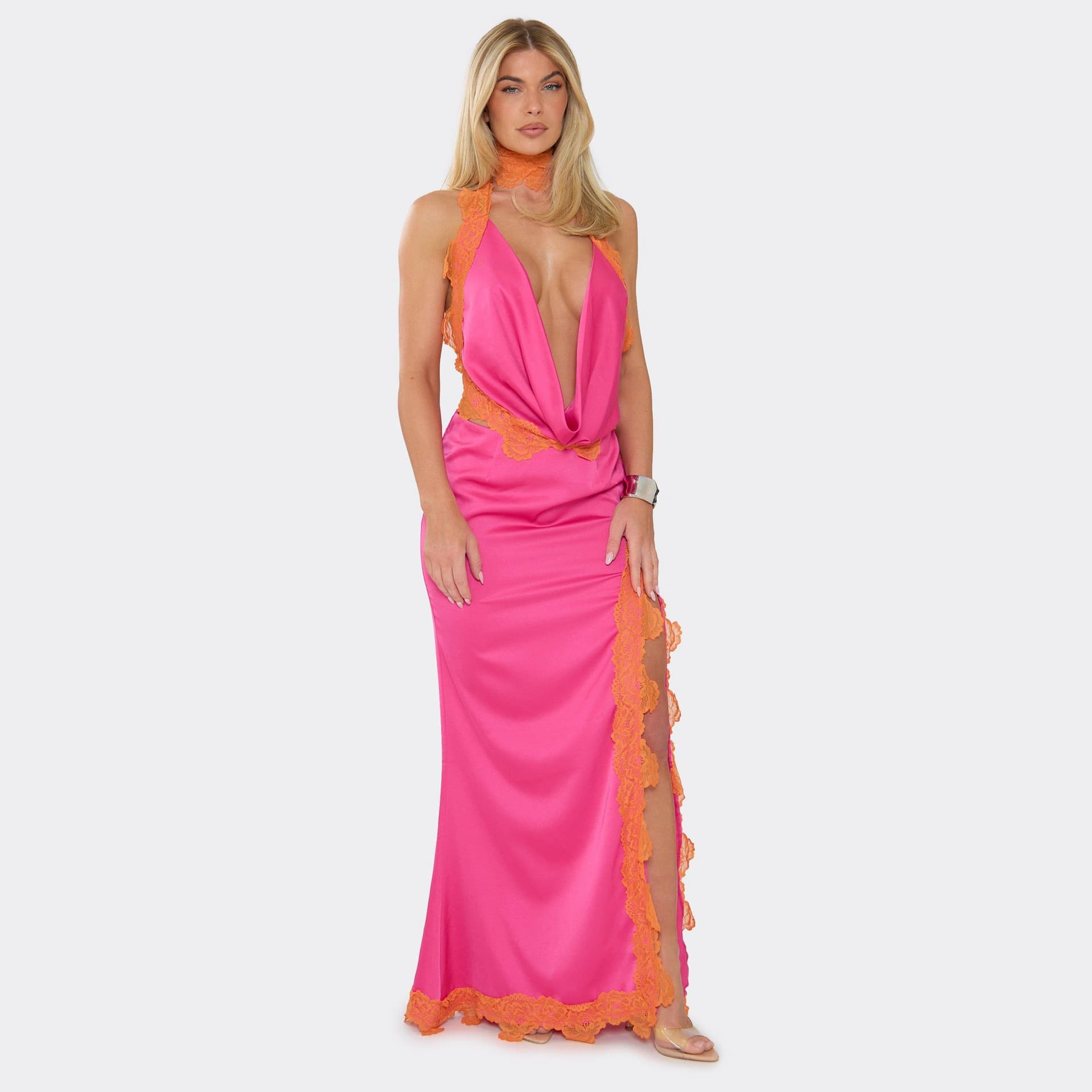 EGO Orange Lace Trim Split Leg Maxi Skirt In Pink Satin, Women's Size UK 6