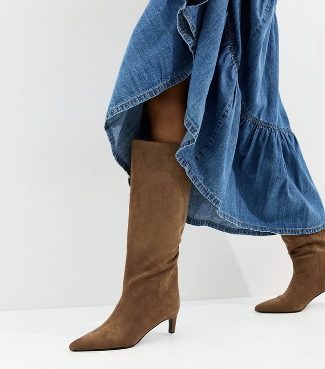 New Look Women's Camel Faux Suede Low Stiletto Heel Knee High Boots Vegan New Look - 2