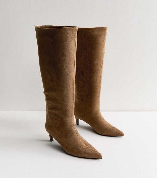 New Look Women's Camel Faux Suede Low Stiletto Heel Knee High Boots Vegan New Look - 3