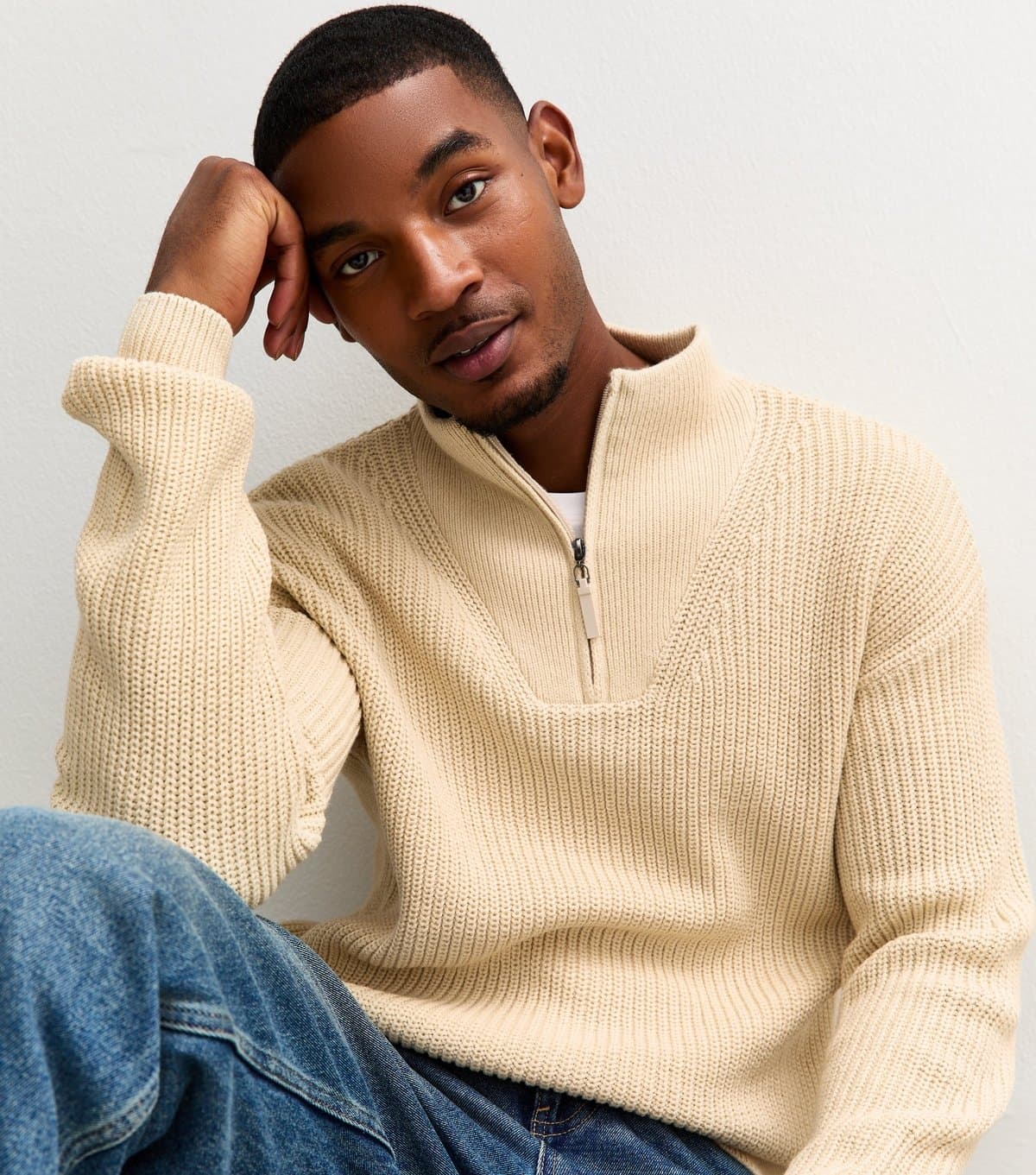 New Look Men's Oatmeal Regular Quarter Zip Funnel Neck Jumper New Look