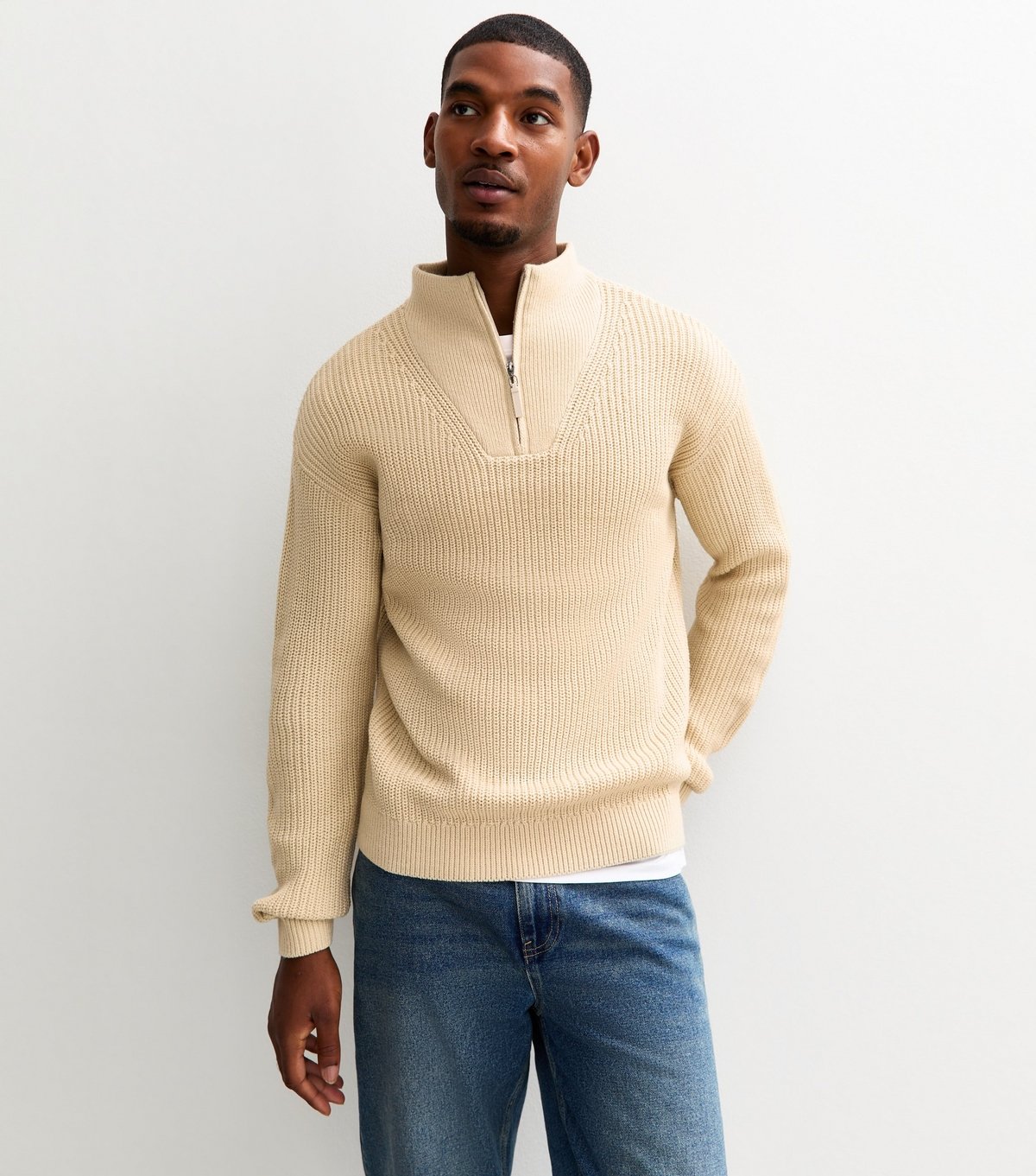New Look Men's Oatmeal Regular Quarter Zip Funnel Neck Jumper New Look - 2