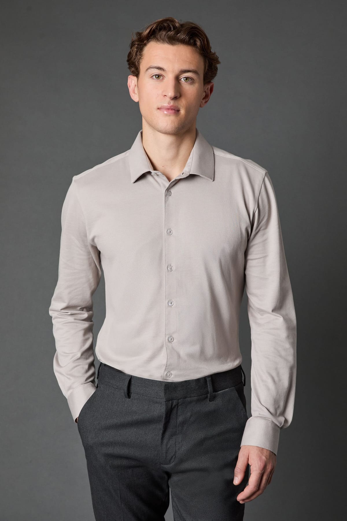 Burton Burton Men's Grey Pique Slim Fit Long Sleeve Shirt - 1