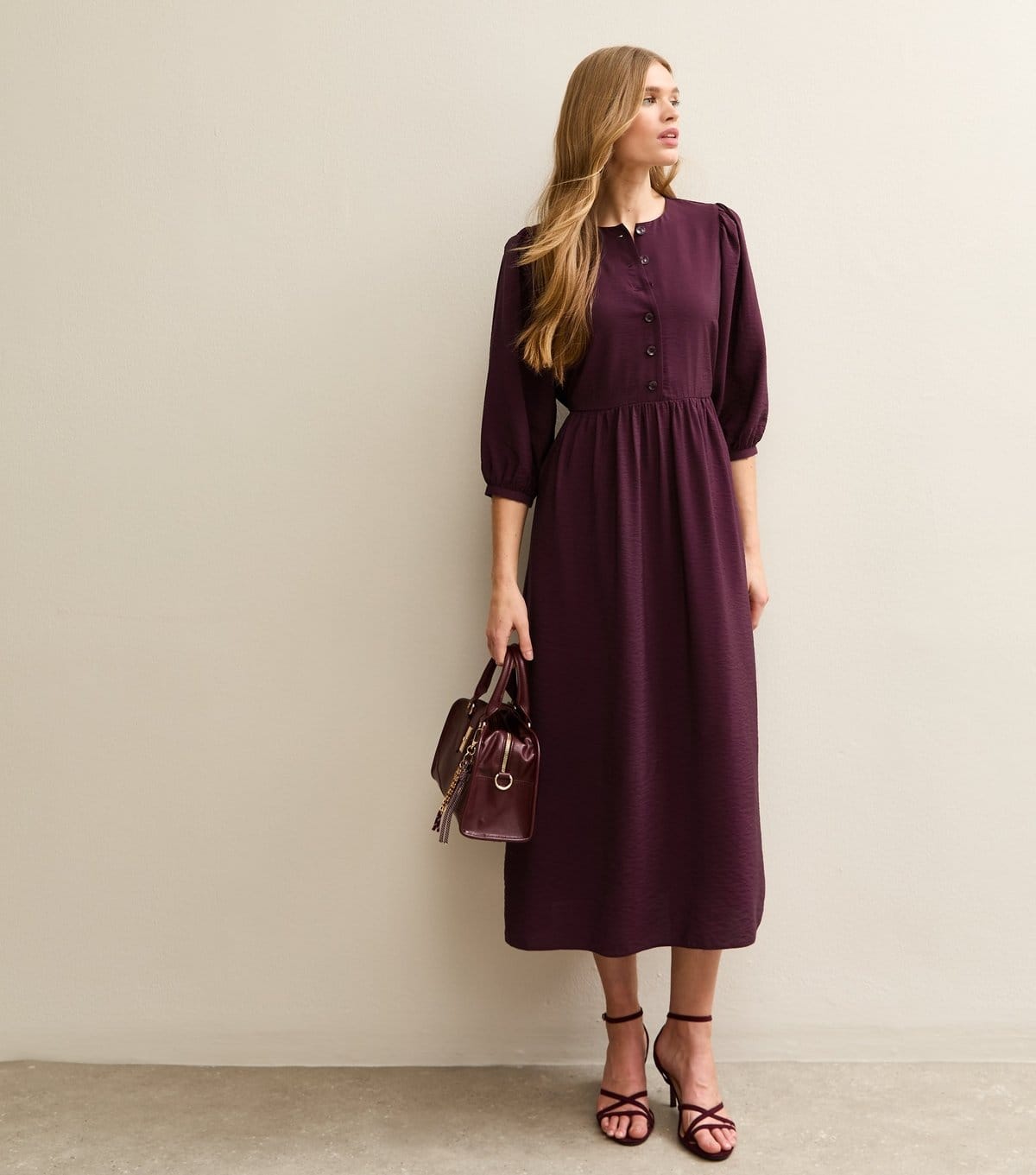 New Look Dark Burgundy Midi Dress with Puff Sleeves