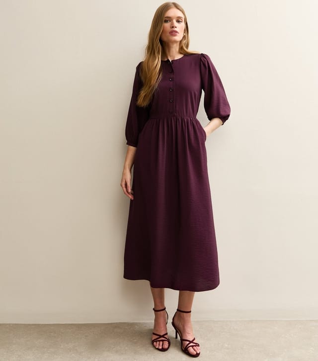 New Look Women's Dark Burgundy Buttoned Cropped Sleeve Midi Dress New Look - 3