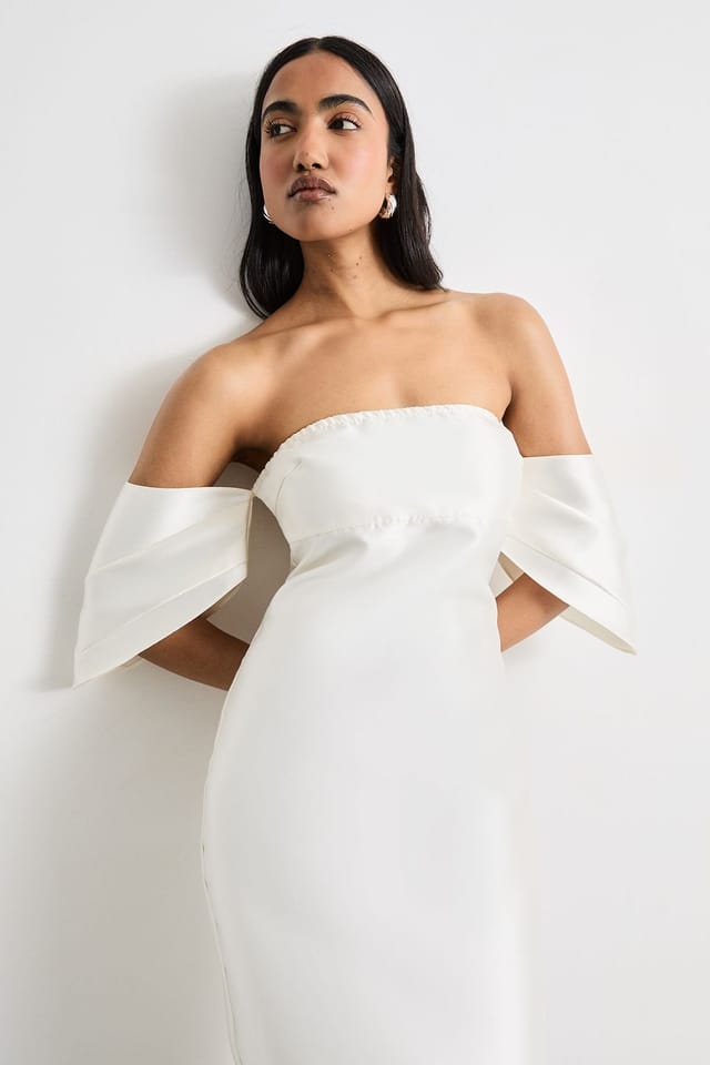 Warehouse Warehouse Women's Structured Puff Sleeve Bardot Midi Dress in Ivory - 2