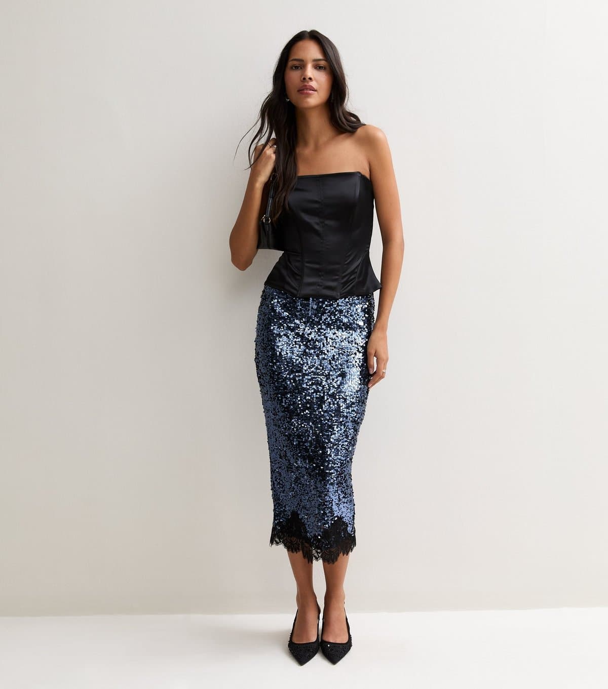 New Look Women's Mid Blue Sequin Lace Trim Midi Pencil Skirt New Look