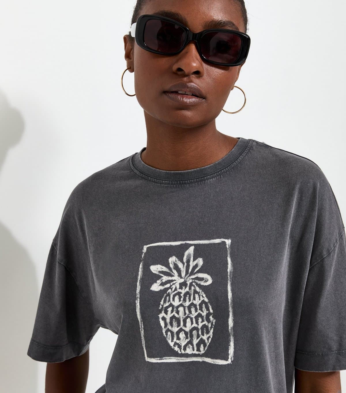 New Look Women's Dark Grey Cotton Pineapple Acid Wash Oversized T-Shirt New Look