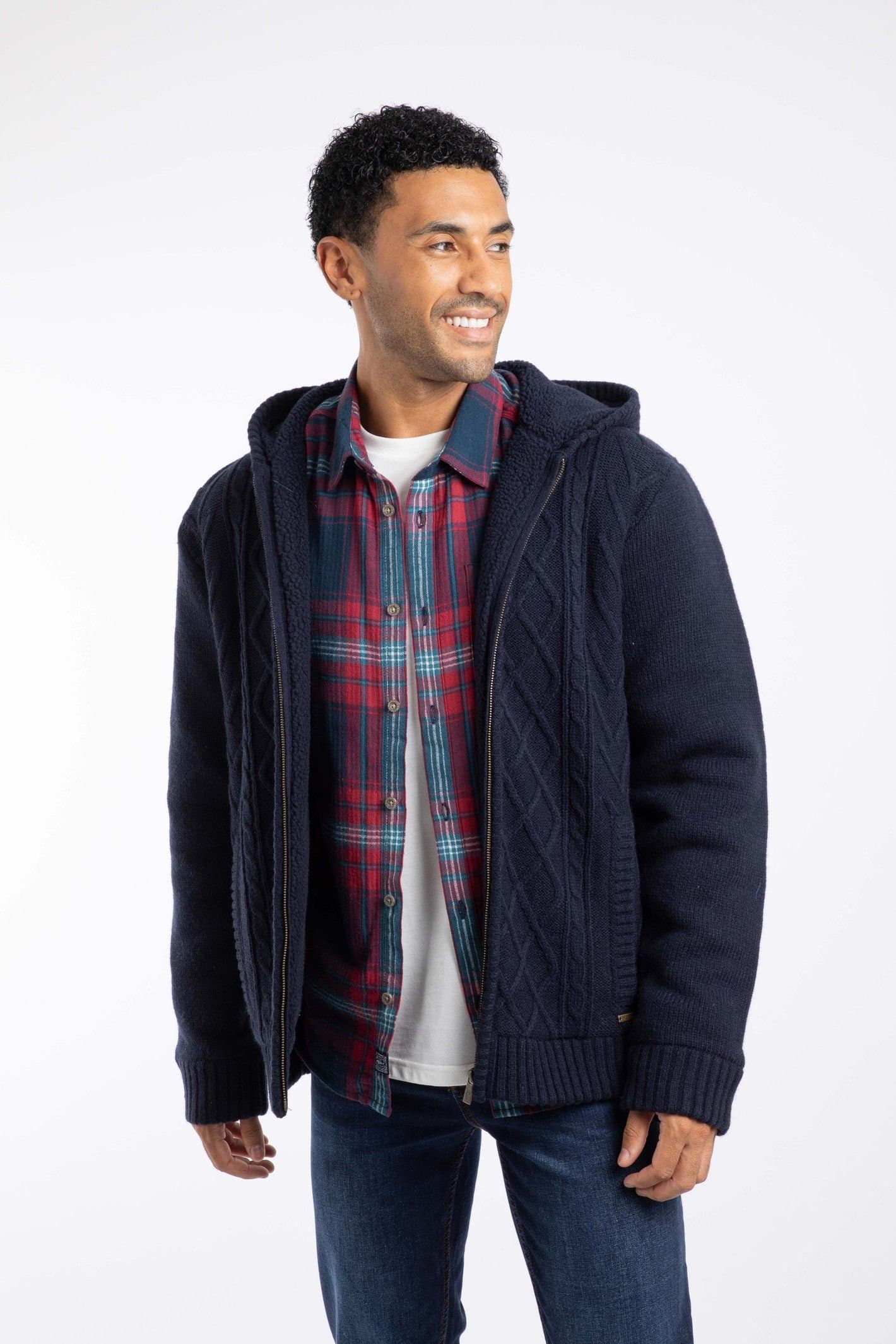 Weird Fish Weird Fish Men's Brodhi Borg Lined Cable Knit Full Zip Hoodie in Midnight