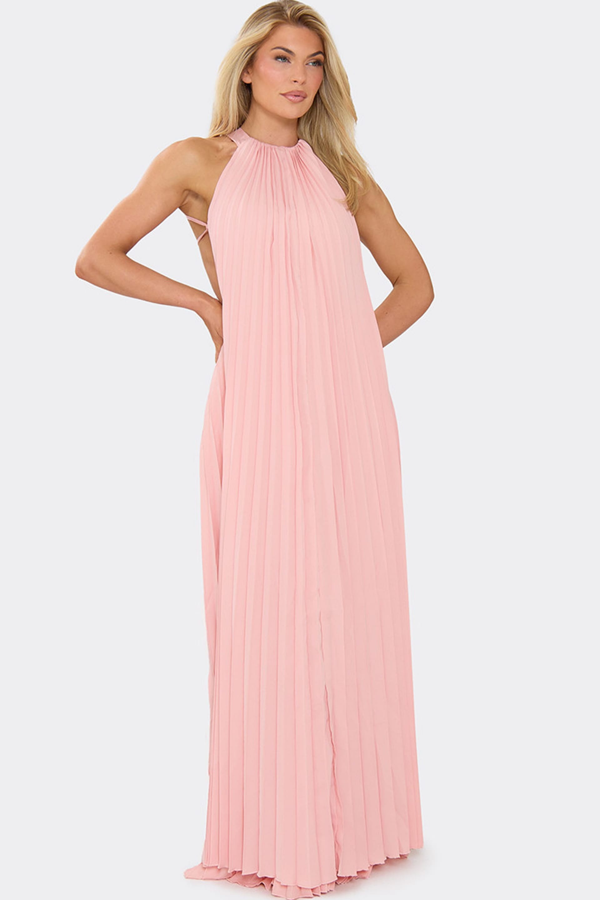 EGO Baby Pink Chiffon Maxi Dress with High Neck and Pleats