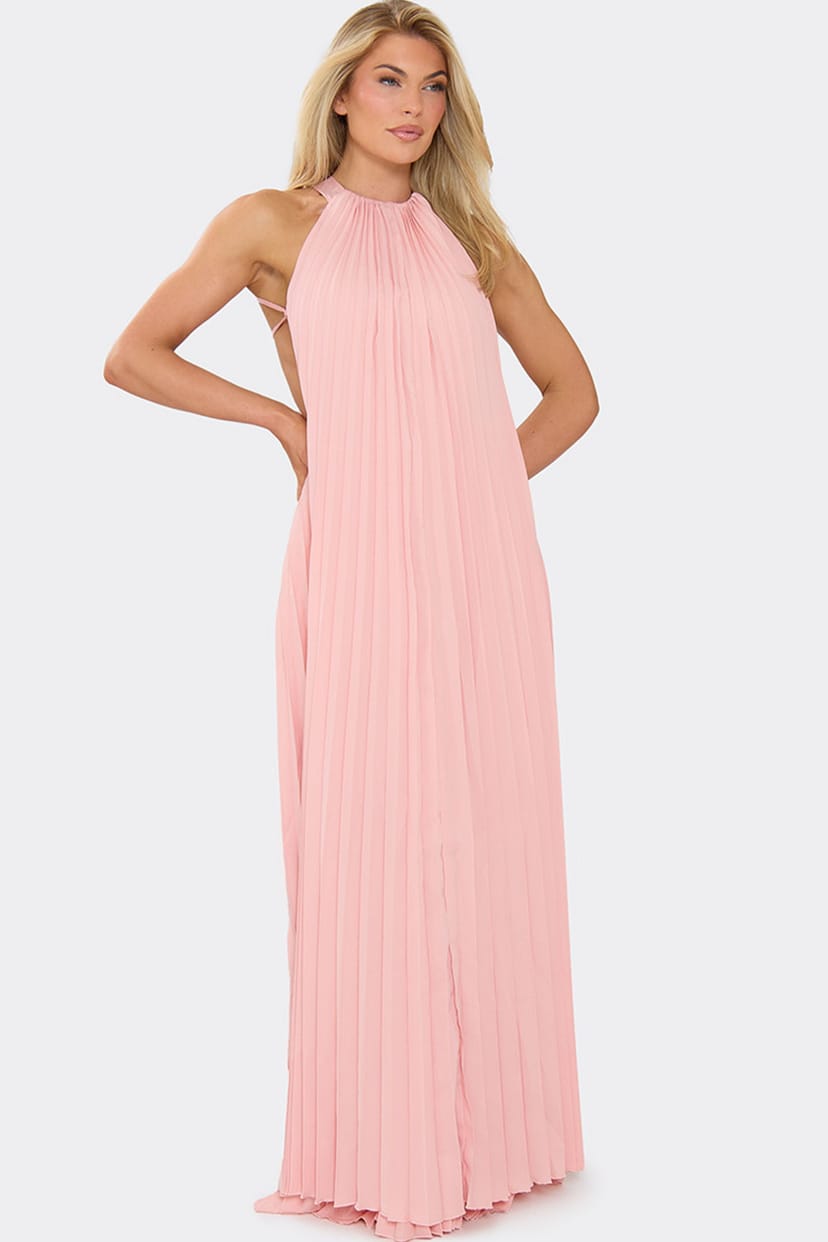 EGO EGO Women's Strappy High Neck Pleated Chiffon Maxi Dress in Baby Pink - 1