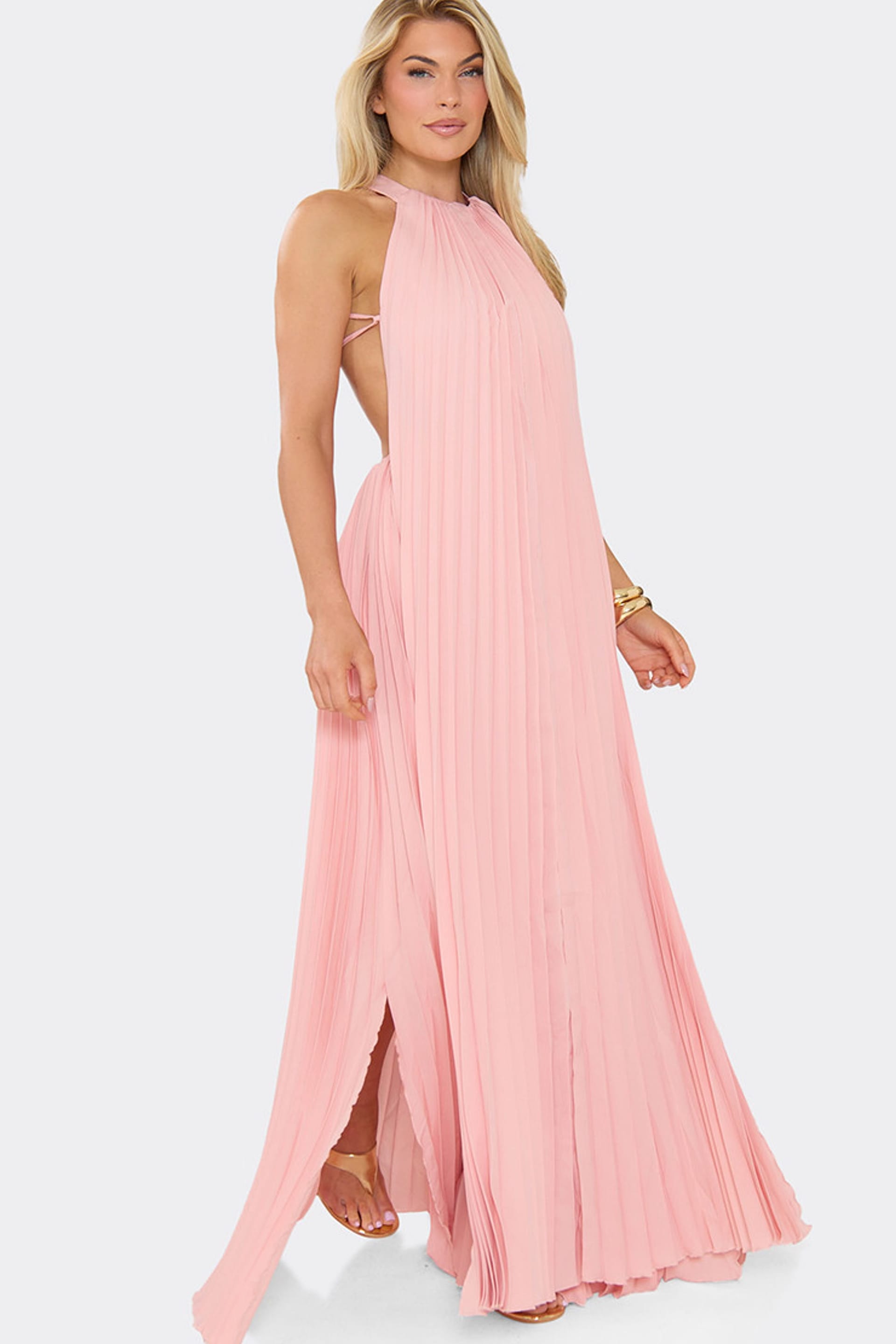 EGO EGO Women's Strappy High Neck Pleated Chiffon Maxi Dress in Baby Pink - 4