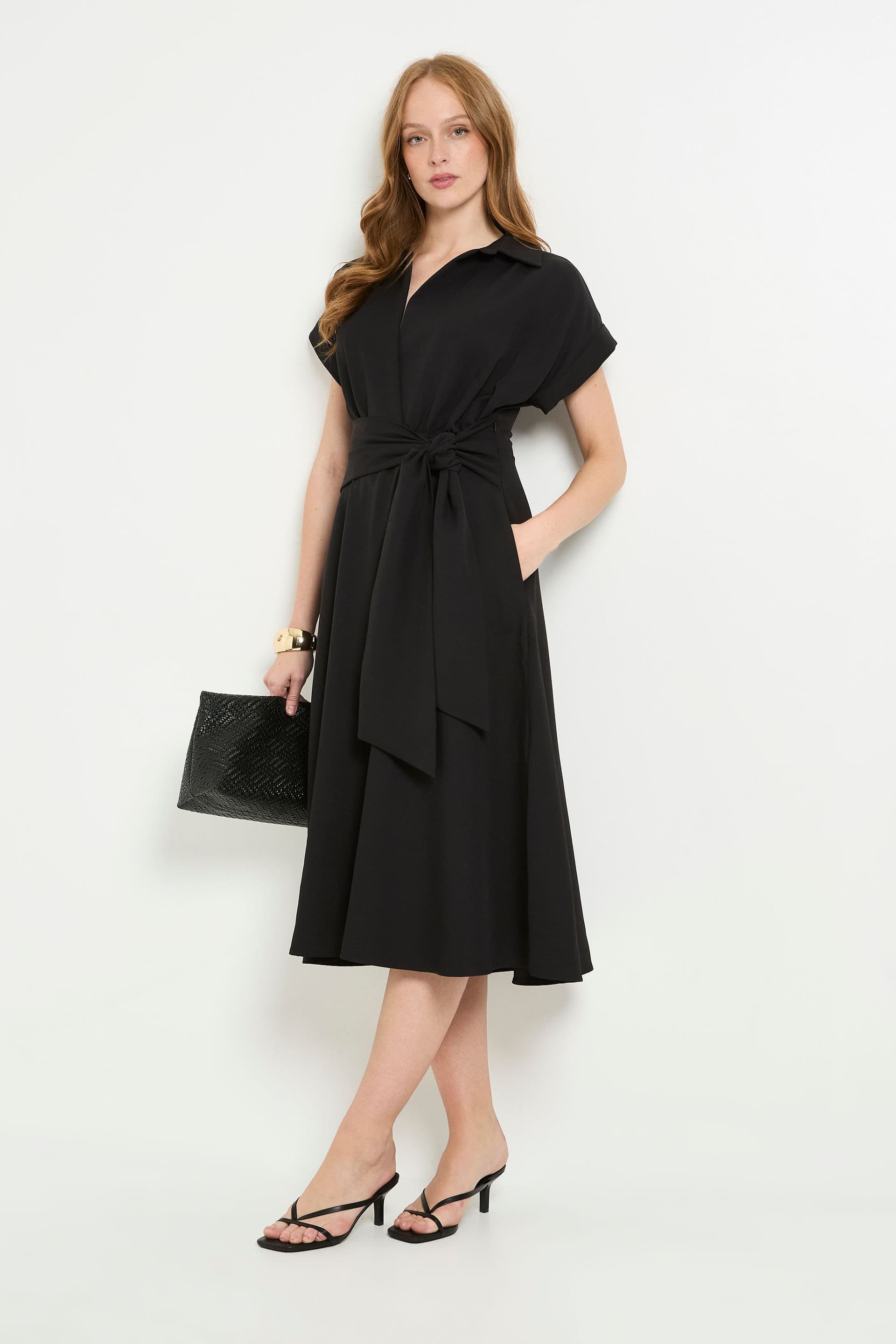 Principles Principles Women's Formal Front Tie Shirt Midi Dress in Black