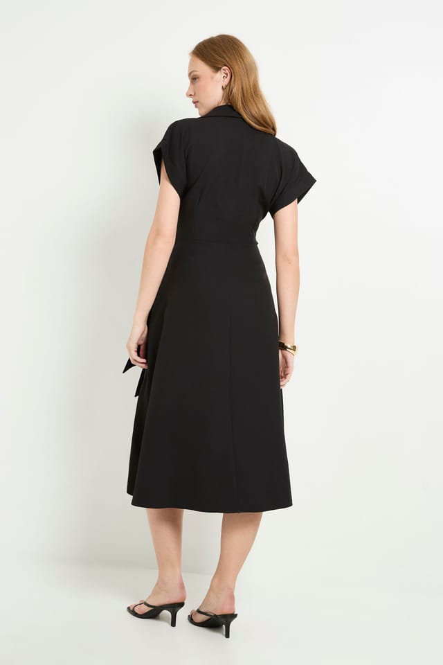 Principles Principles Women's Formal Front Tie Shirt Midi Dress in Black - 3