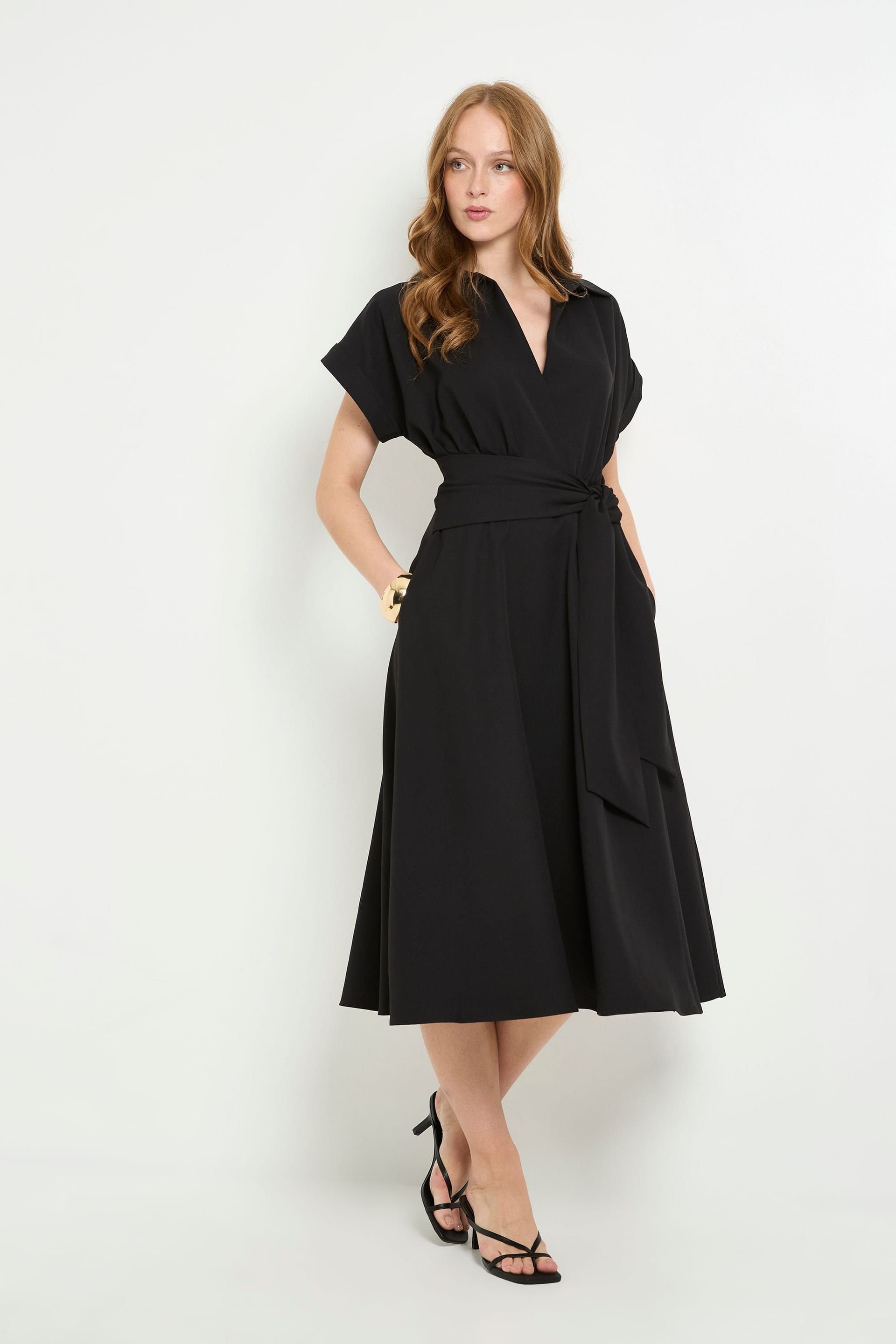 Principles Principles Women's Formal Front Tie Shirt Midi Dress in Black - 4