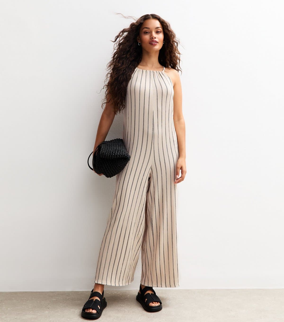 New Look Women's Petite Off White Stripe Textured Jumpsuit New Look