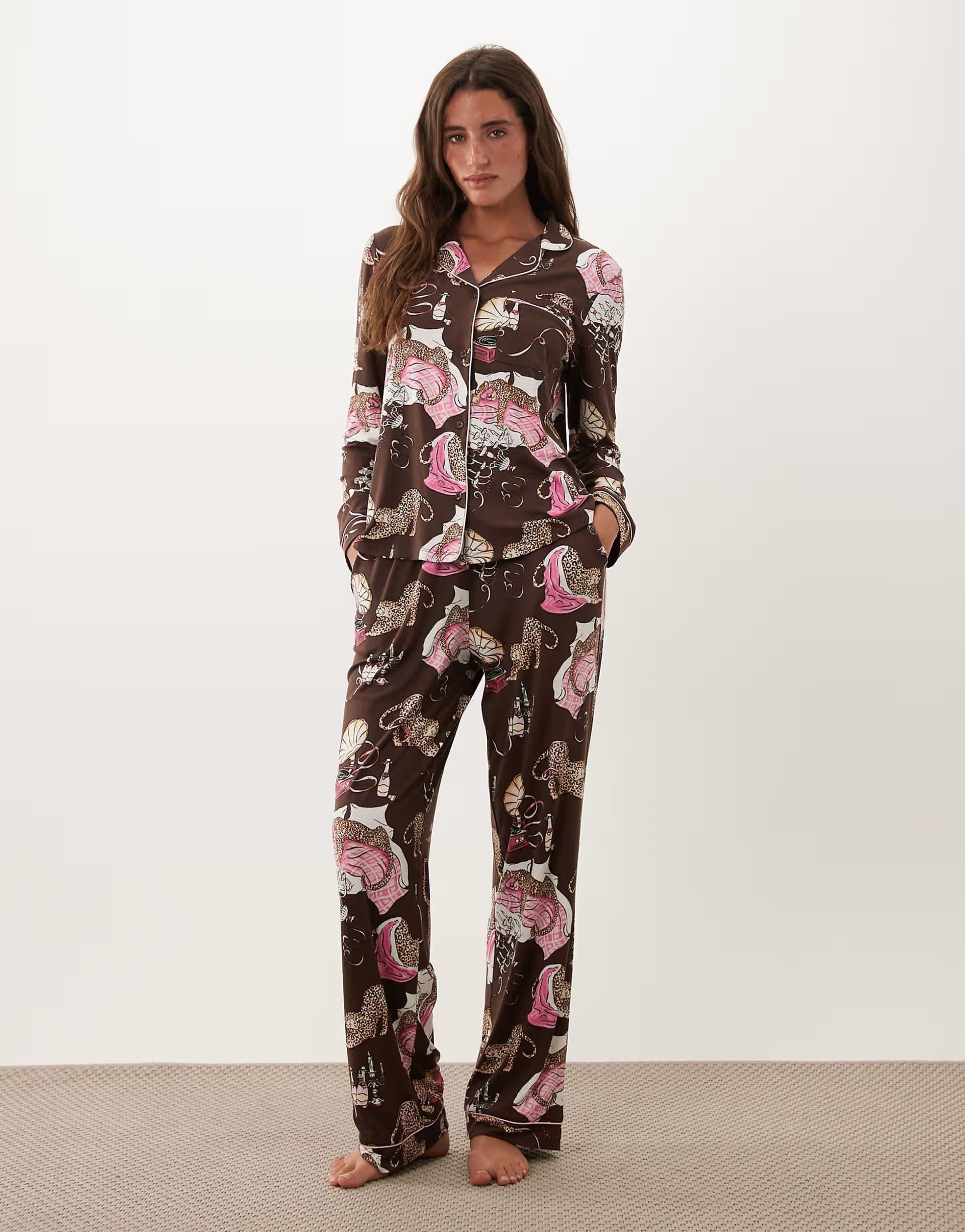 ASOS Chelsea Peers button up pyjama set in neutral party leopard print