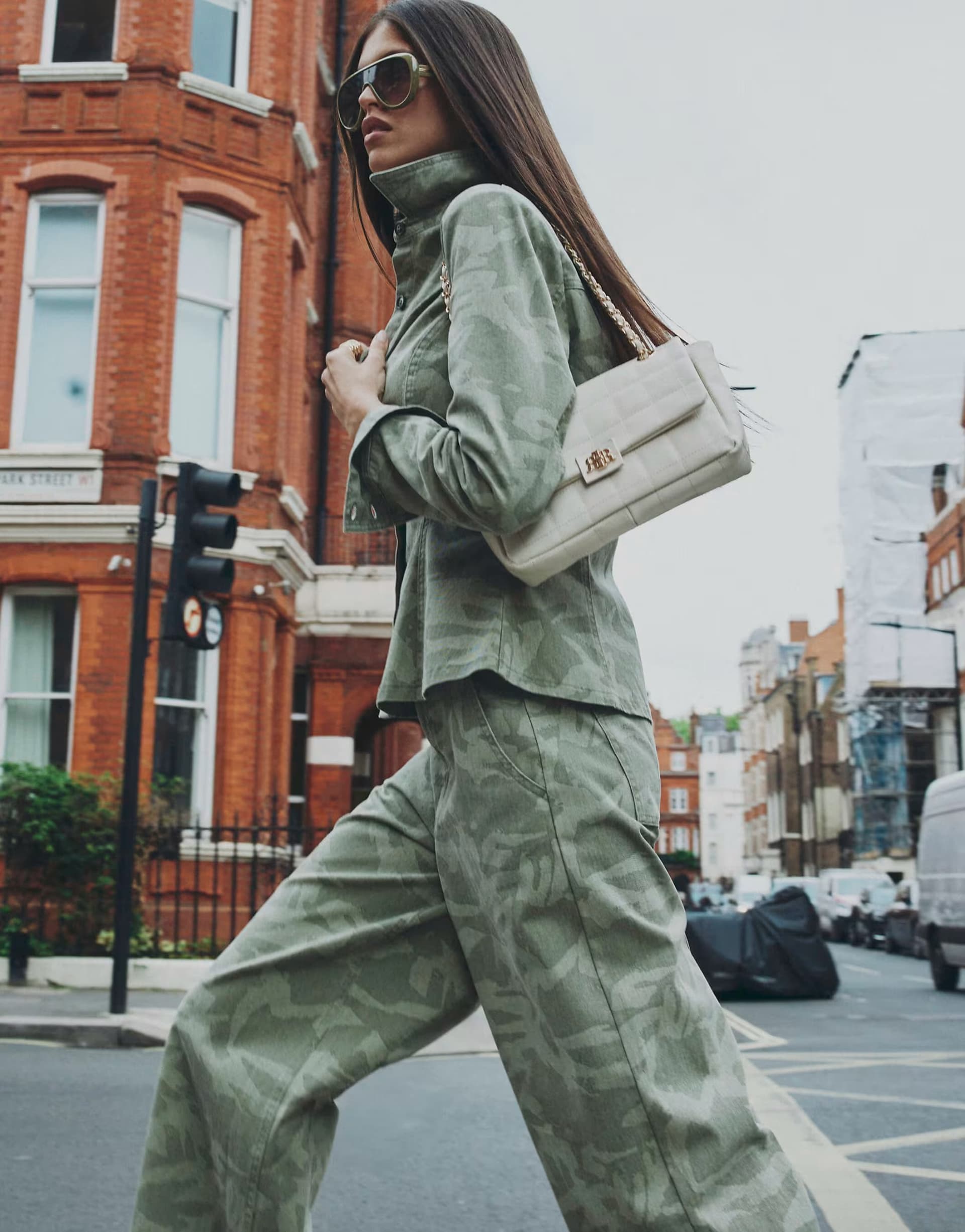 ASOS River Island Denim camo print long sleeve shirt in khaki