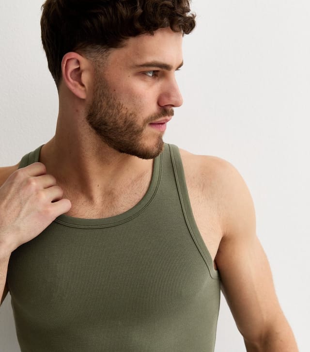 New Look Men's Dark Khaki Muscle Fit Ribbed Jersey Vest New Look - 2