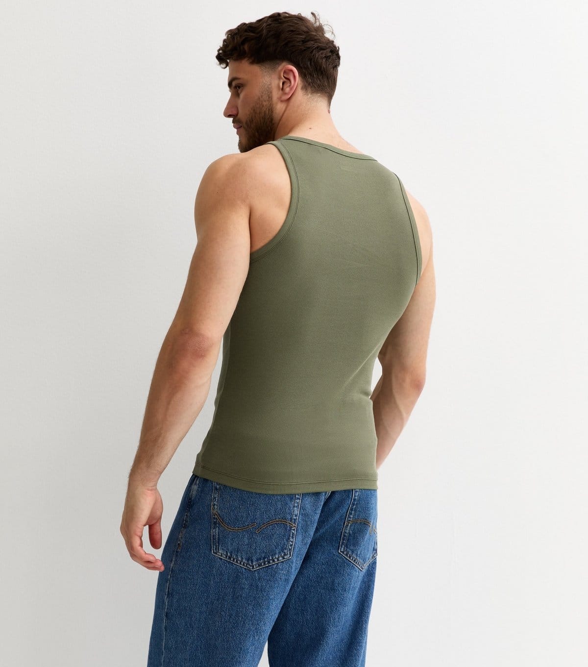 New Look Men's Dark Khaki Muscle Fit Ribbed Jersey Vest New Look - 4