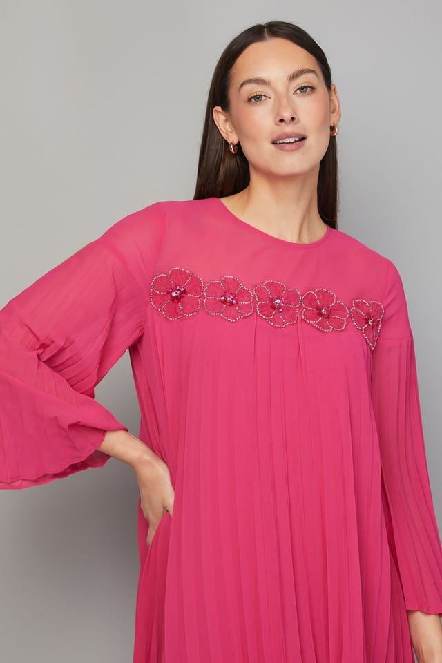 Wallis Wallis Women's Pleated Floral Trim Shift Dress in Pink - 2