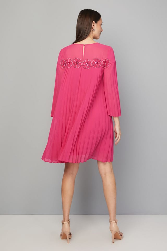 Wallis Wallis Women's Pleated Floral Trim Shift Dress in Pink - 3