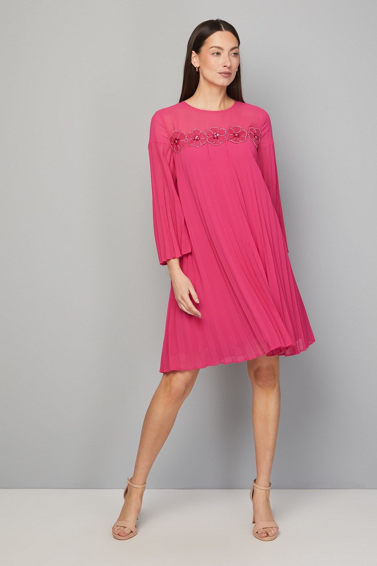 Wallis Wallis Women's Pleated Floral Trim Shift Dress in Pink - 4