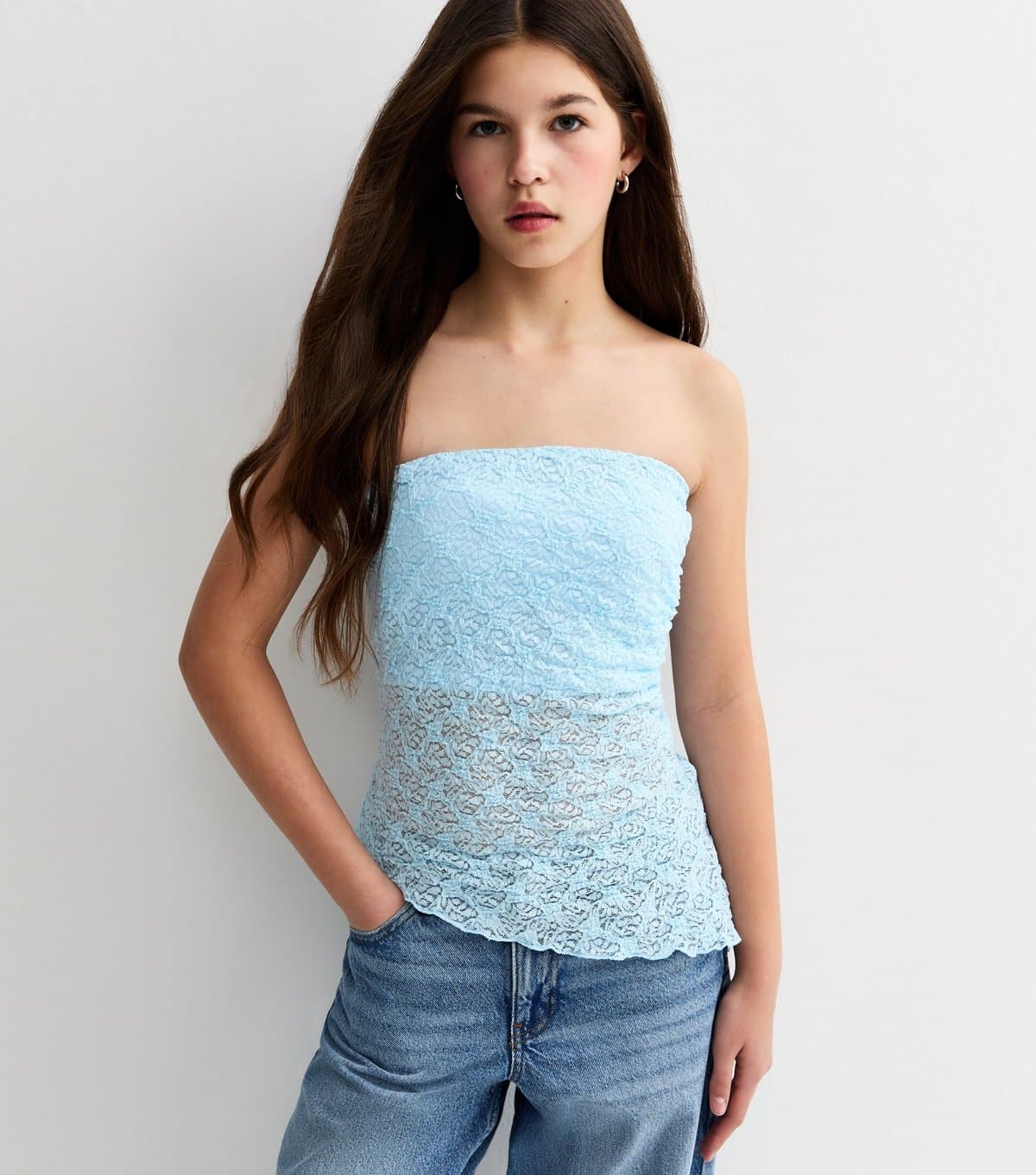 New Look Girls' Light Blue Jersey Lace Asymmetric Bandeau Top New Look