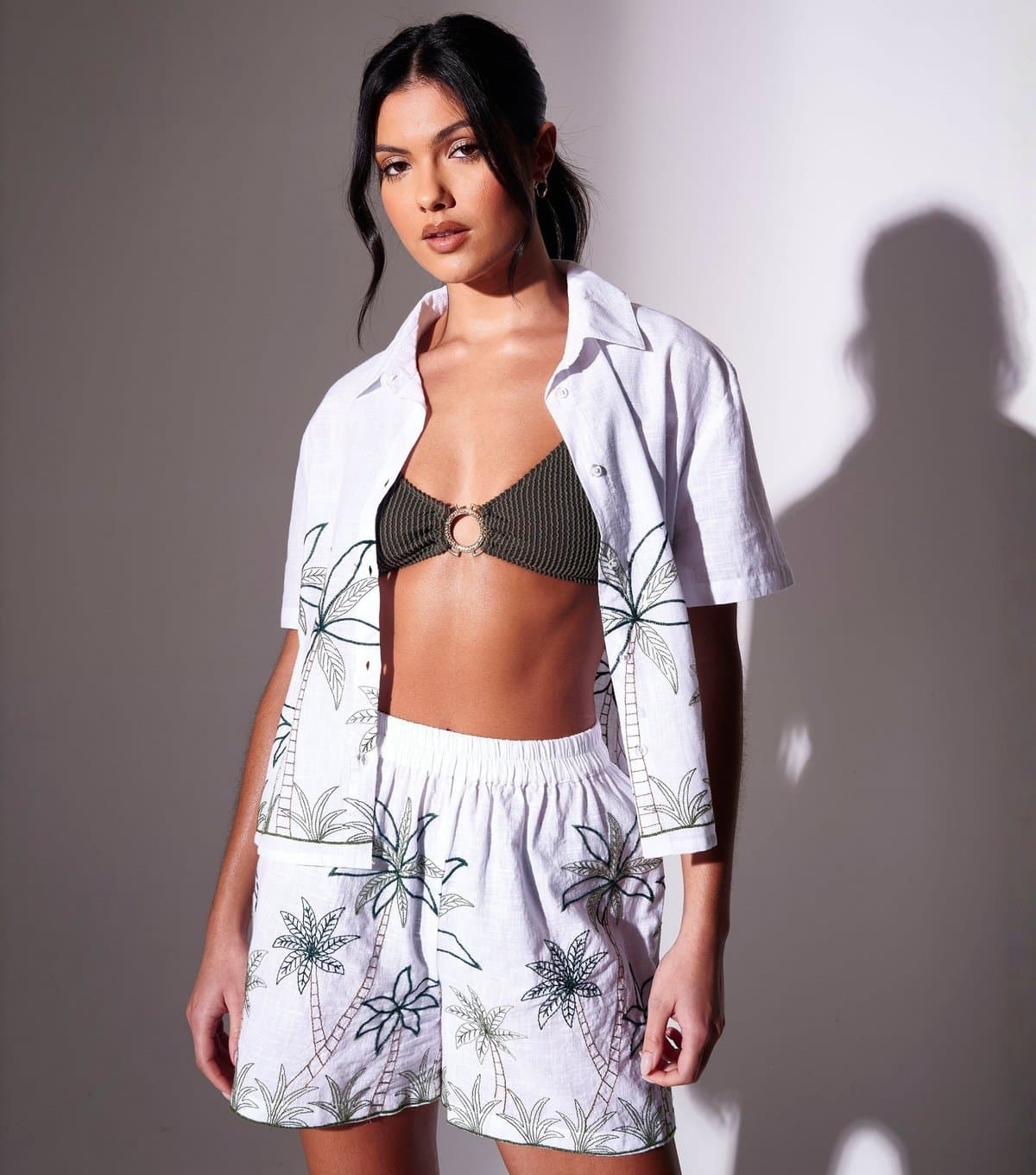 South Beach Women's White Cotton Embroidered Palm Tree Short Sleeve Shirt South Beach New Look