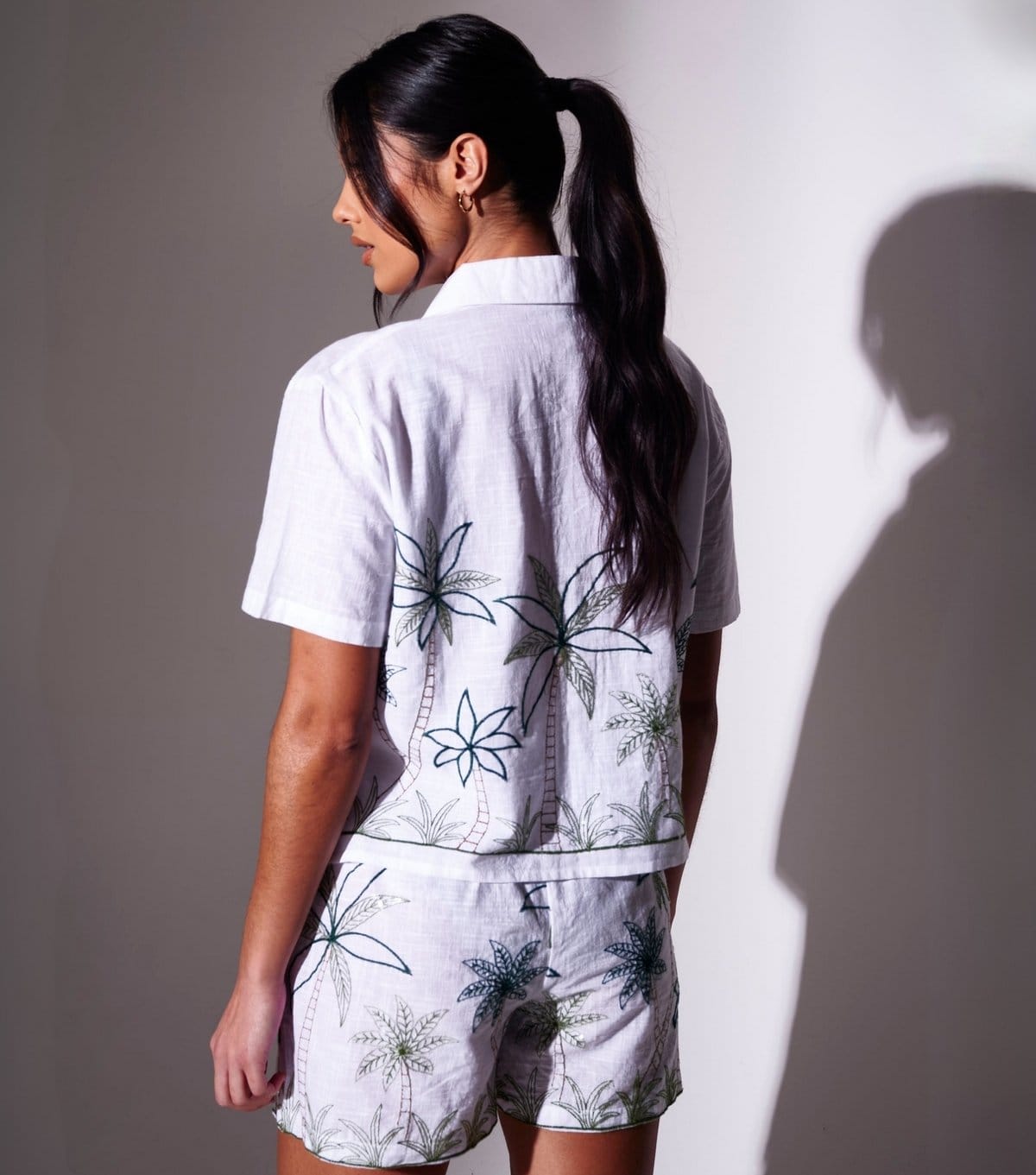 South Beach Women's White Cotton Embroidered Palm Tree Short Sleeve Shirt South Beach New Look - 4