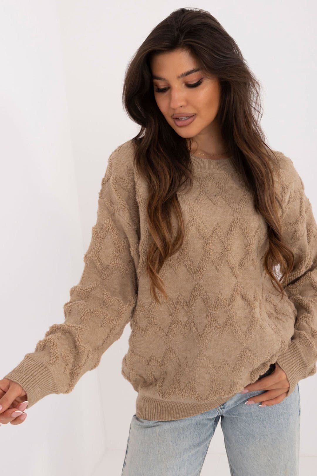 Love Lace Love Lace Beige Textured Round Neck Knit Sweater