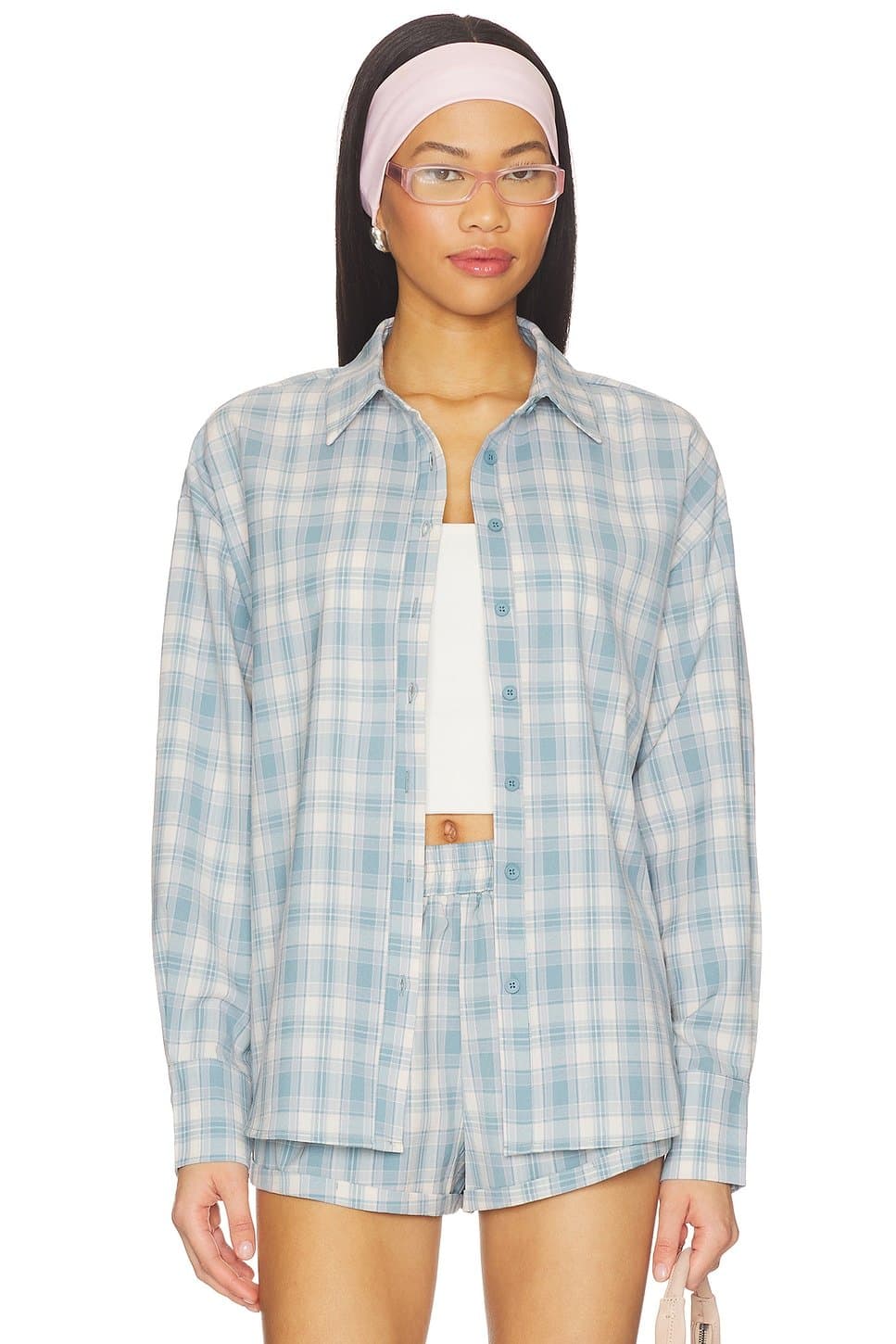 revolve Revolve Thatcher Button Down Top in Blue Plaid
