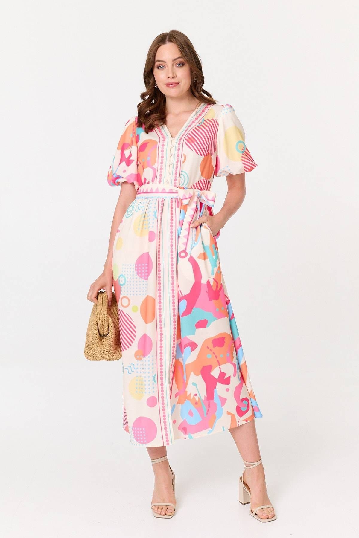 Izabel London Izabel London Women's Abstract Short Puff Sleeve Midi Dress in Pink