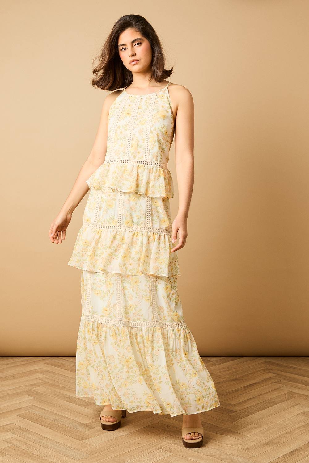 Oasis Oasis Women's Printed Lace Detail Halterneck Tiered Midaxi Dress - 2