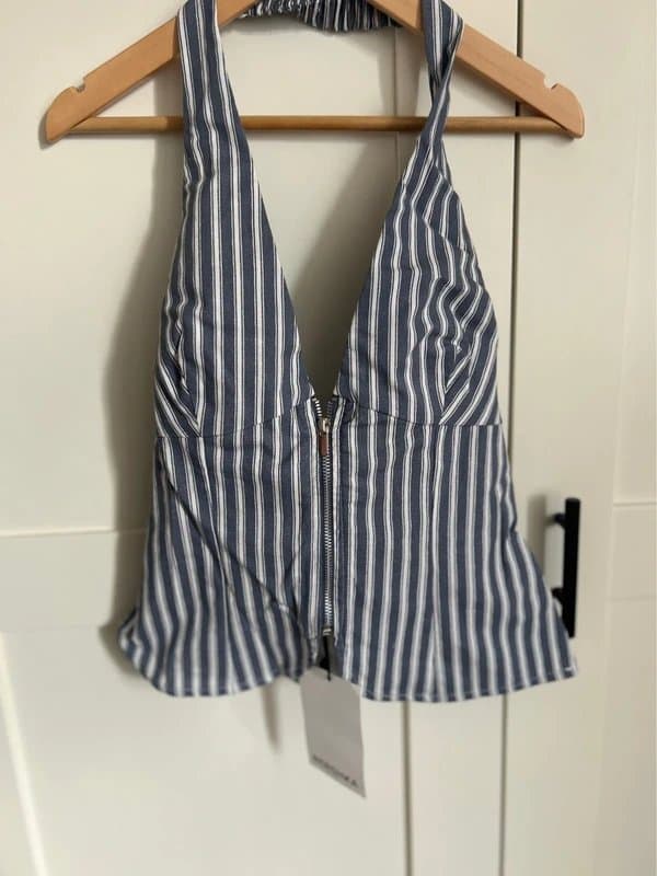Bershka Bershka halter neck pin stripe top with front zip size small NEW