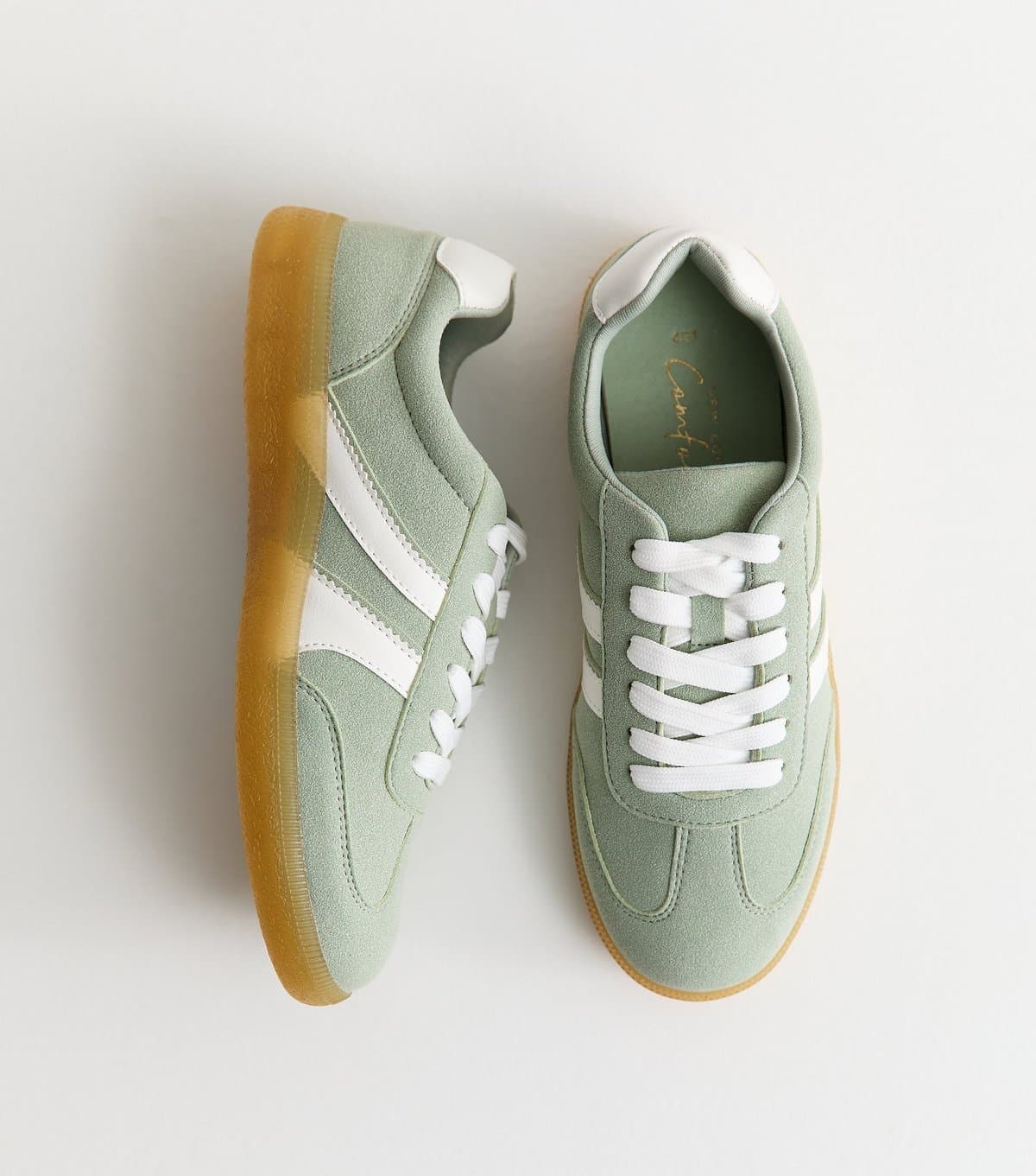 New Look Women's Light Green Faux Suede Contrast Stripe Trainers Vegan New Look