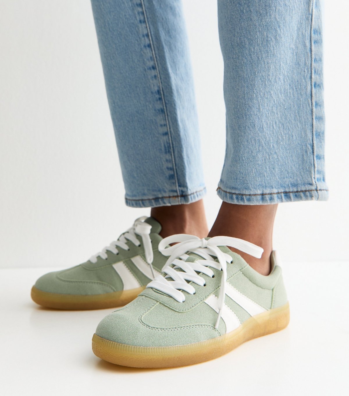 New Look Women's Light Green Faux Suede Contrast Stripe Trainers Vegan New Look - 2